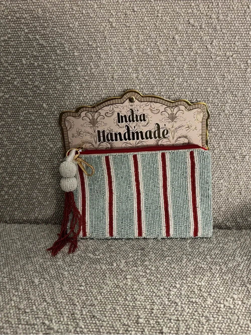 Light Blue & Red Beaded Cosmetic Pouch